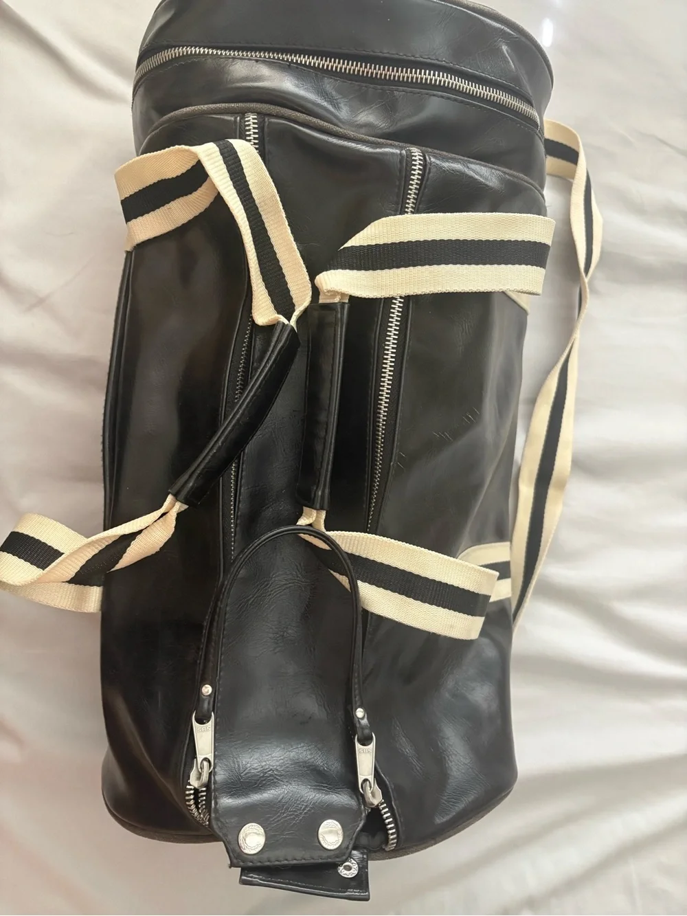 Fred Perry Black Duffel Bag with Cream-Black Striped Strap